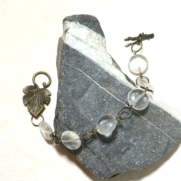 2/20, Natural Clear Quartz Bracelet, Genuine Gemstone + Bronze Grape Leaf - Picture 7 of 14